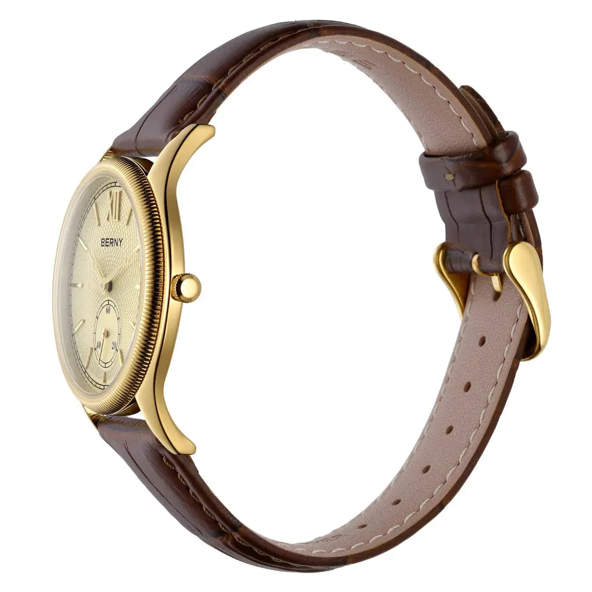 BERNY luxury men's watch with gold-tone case, cream dial, brown leather strap
