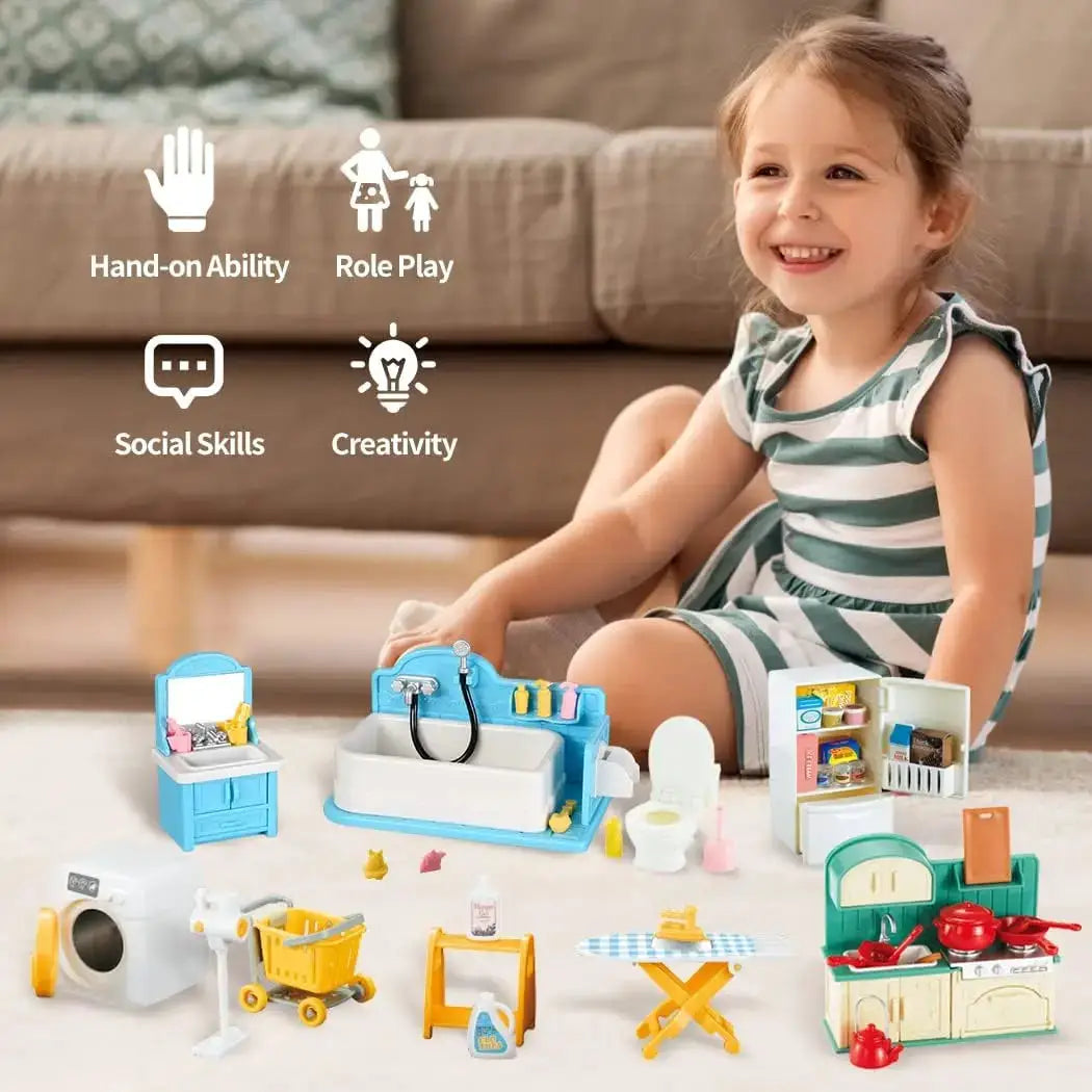 Dollhouse Furniture Set For Bathroom Kitchen Laundry With Fridge And Washing Machine Miniature Pretend Play Toys