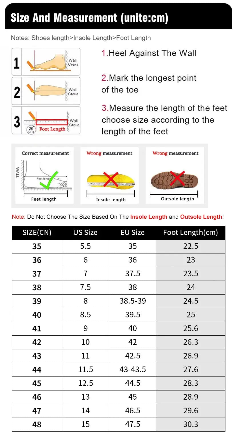 Simples Market Social Shoe men's mesh breathable running shoe size chart with foot-length table (CN 35–48).