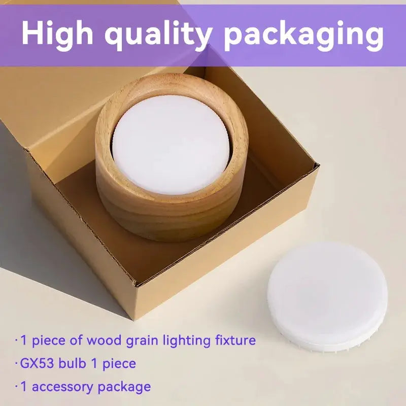 GX53 wooden ceiling lamp by Simples Market; 1 wood-grain fixture, 1 GX53 bulb, 1 accessory package in box.