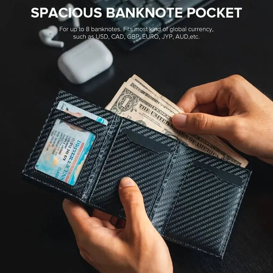 Men's Simples Market wallet with carbon fiber pattern, RFID blocking, and multiple card slots