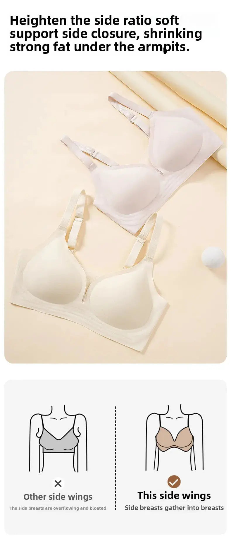 Simples Market S-XL plus-size seamless back bra with rear-hook, wireless push-up; two white bras shown