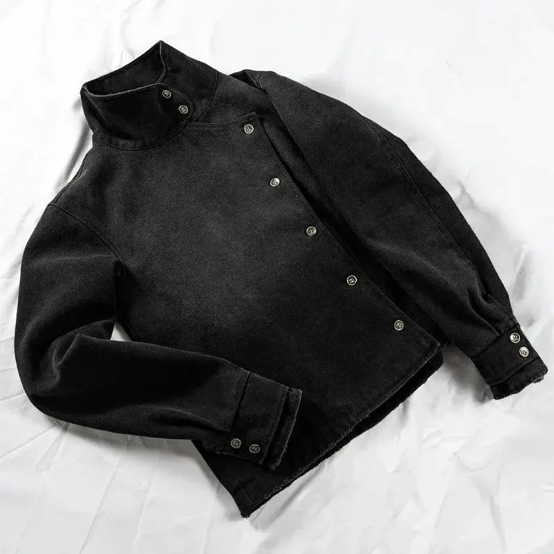 Y2k fencing jacket, unisex black canvas cotton with stand collar and diagonal button placket.