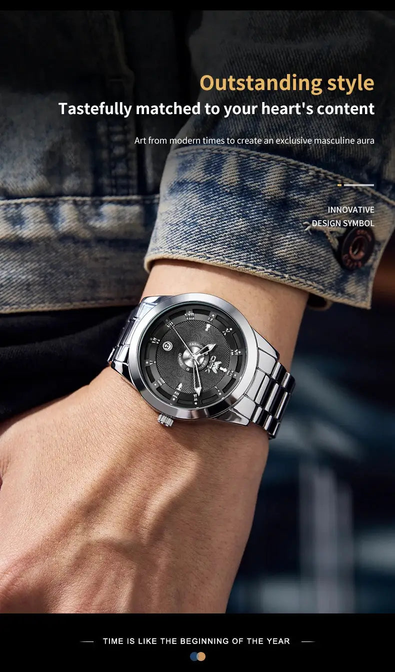 Men's stainless steel watch with black textured dial on a silver bracelet