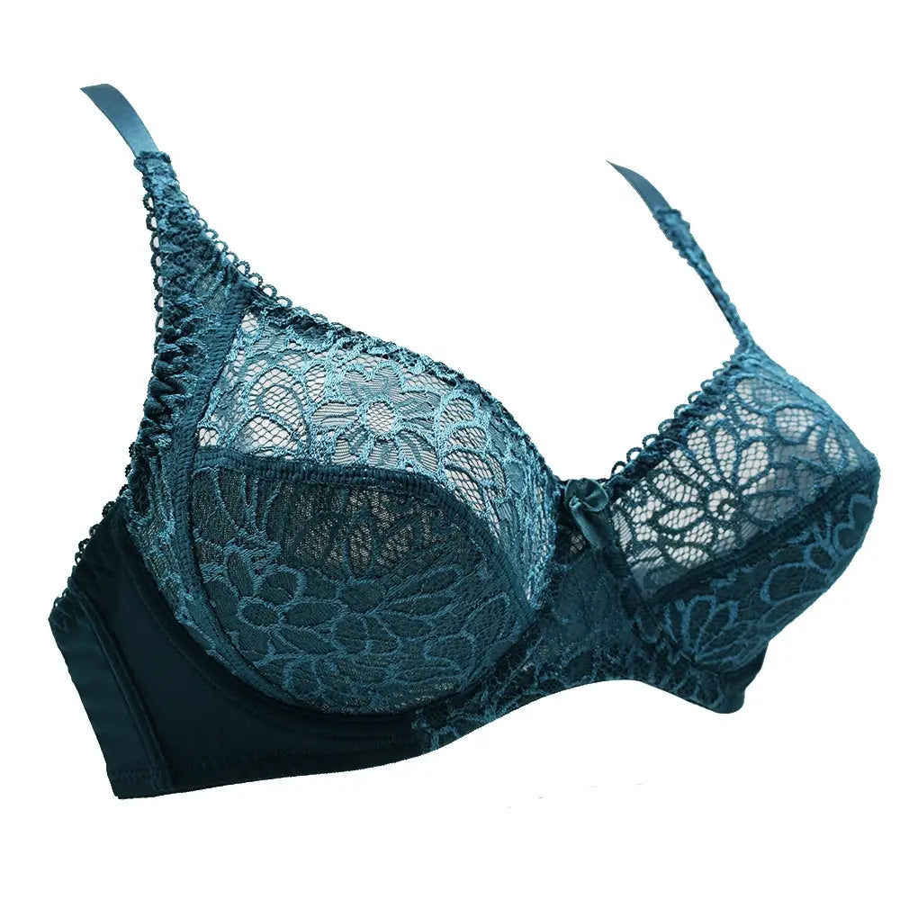 Plus-size teal lace bra with floral pattern and underwire