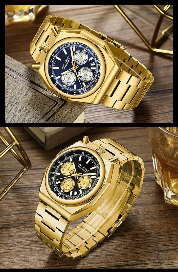 MINI FOCUS chronograph watch for men, 2 gold-tone stainless steel watches with blue and black dials