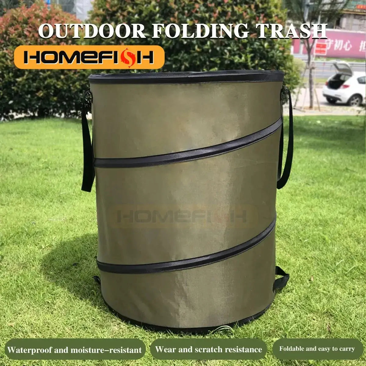 Homefish outdoor folding trash can, olive green with black straps, portable camping waste bin.