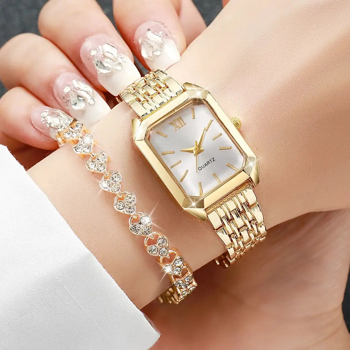 2-piece gold-tone ladies rectangle quartz watch and rhinestone bracelet set