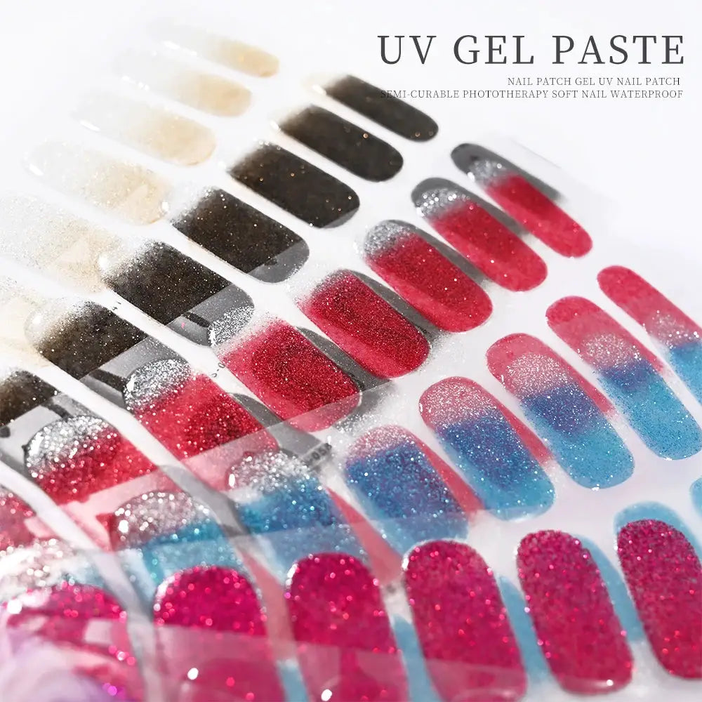 16-tip semi-cured nail sticker set with glitter UV gel wraps in black, red, pink, and blue gradient