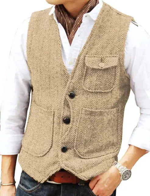 Men's brown herringbone wool tweed vest with V-neck, single-breasted and patch pockets