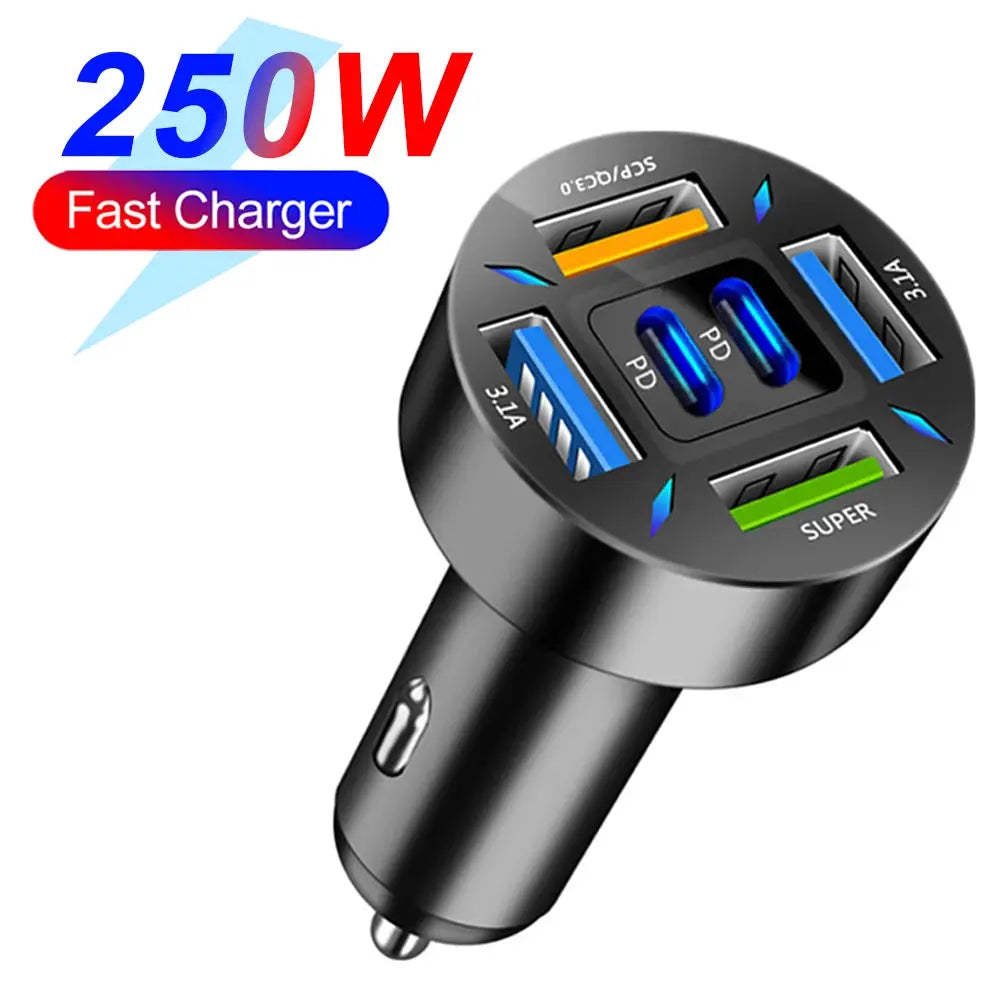 66-250W PD Car Charger QC3.0 Fast Charge One To Six Car Cigarette Lighter Plugs With Digital Display
