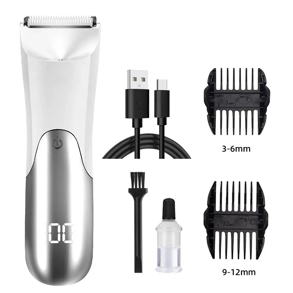 Men'S Groin Body Hair Trimmer by Simples Market with ceramic blade, silver body; includes 2 guard attachments, USB cable