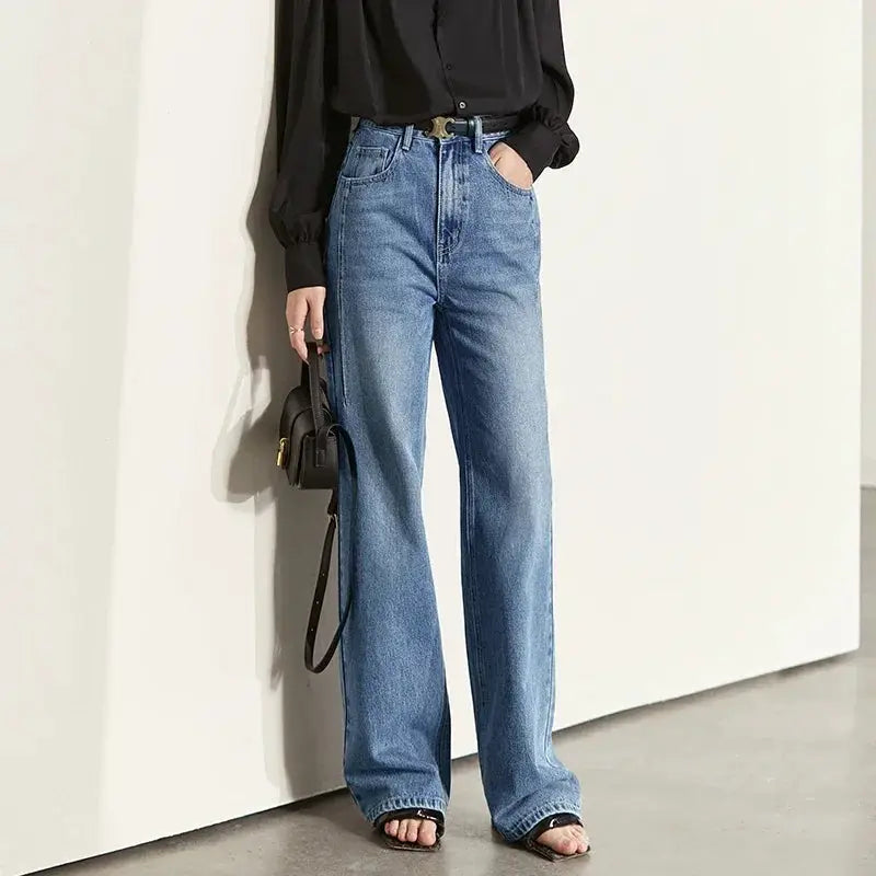 Amii Minimalism Vintage Denim Jeans Women Loose Wide Leg Autumn Pants