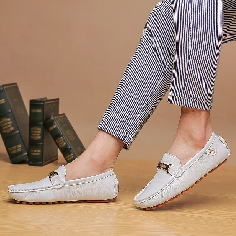 YRZL men's white PU leather loafers, slip-on moccasin flats