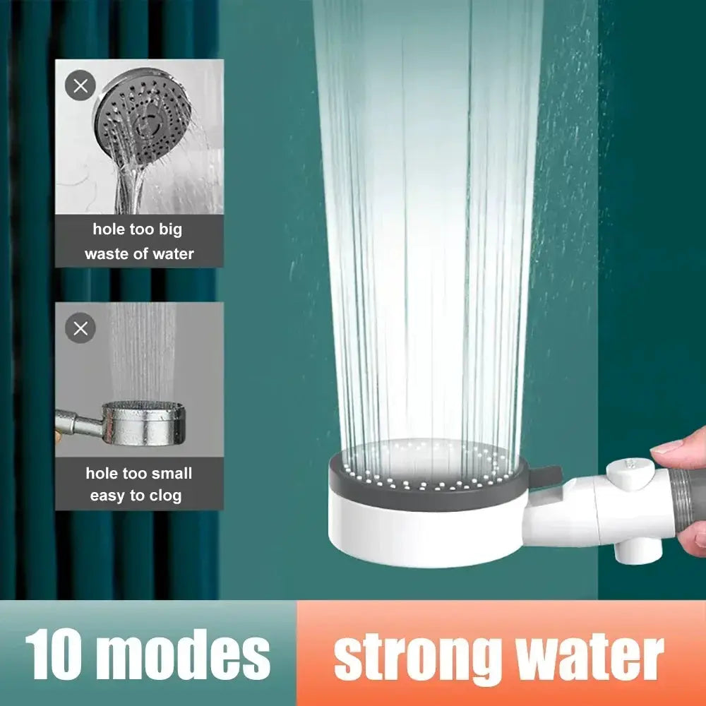 Simples Market 10-mode handheld showerhead, white with gray base, high-pressure water-saving spray.