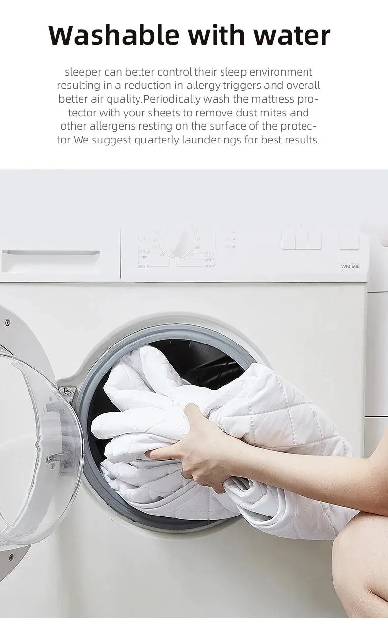 Ultrasonic mattress protector cover pad; white quilted cover with elastic band loaded into a front-load washing machine.