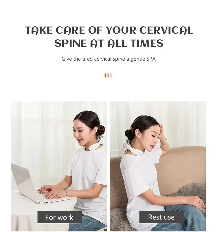 Vibration neck massager Simples Market white worn by a woman at a desk and on a sofa