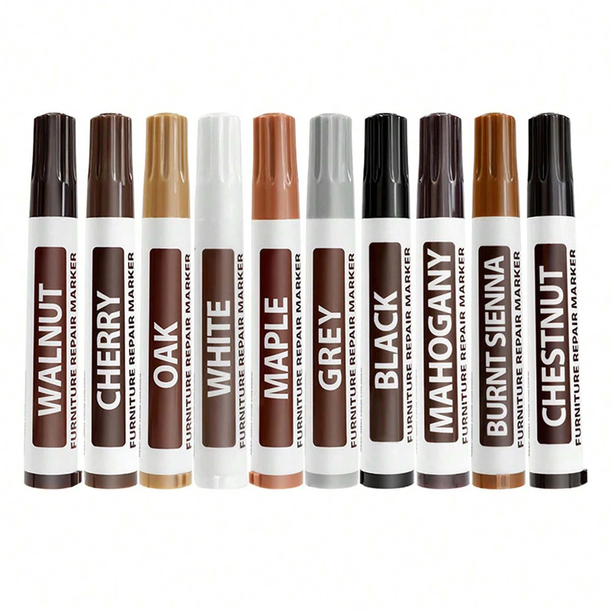 Simples Market 11-piece furniture touch-up marker set in wood-tone colors for scratch repair.