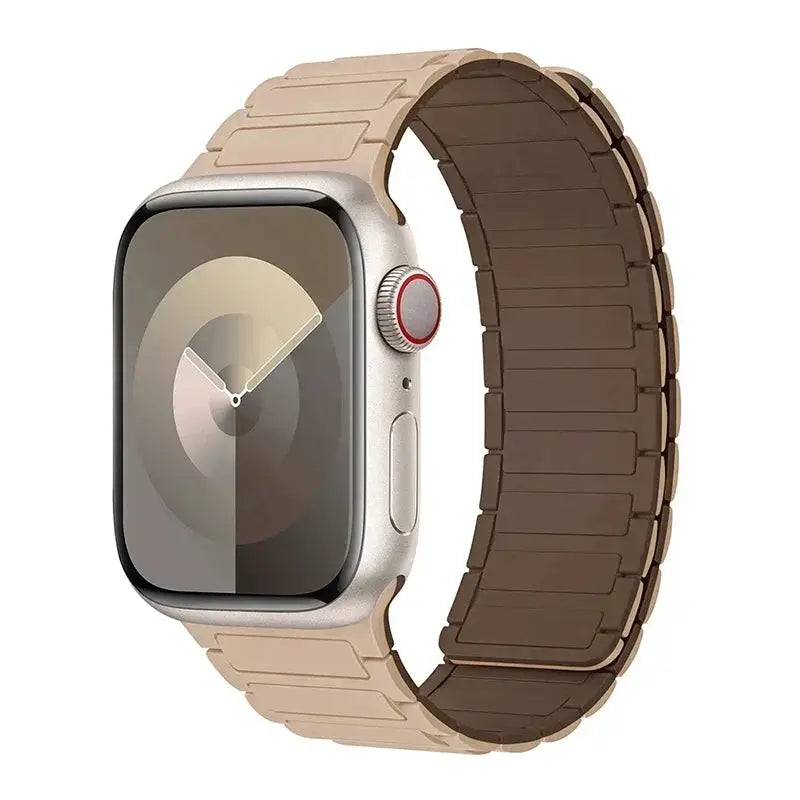 Magnetic loop Apple Watch band by Simples Market, beige silicone with brown metal-link strap for 38–49mm watches