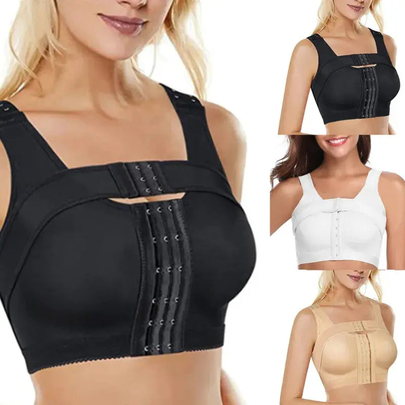 Simples Market front-closure post-surgery breast support compression bra in black, white, beige (4 color variants)