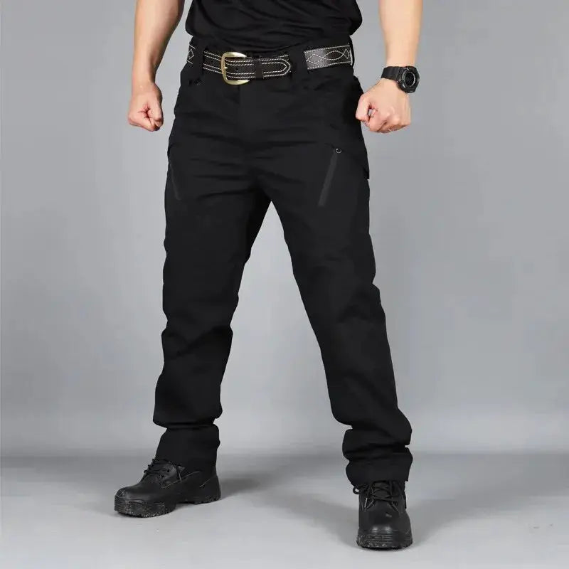 Military tactical cargo pants for men in black with multiple pockets for outdoor hiking and work