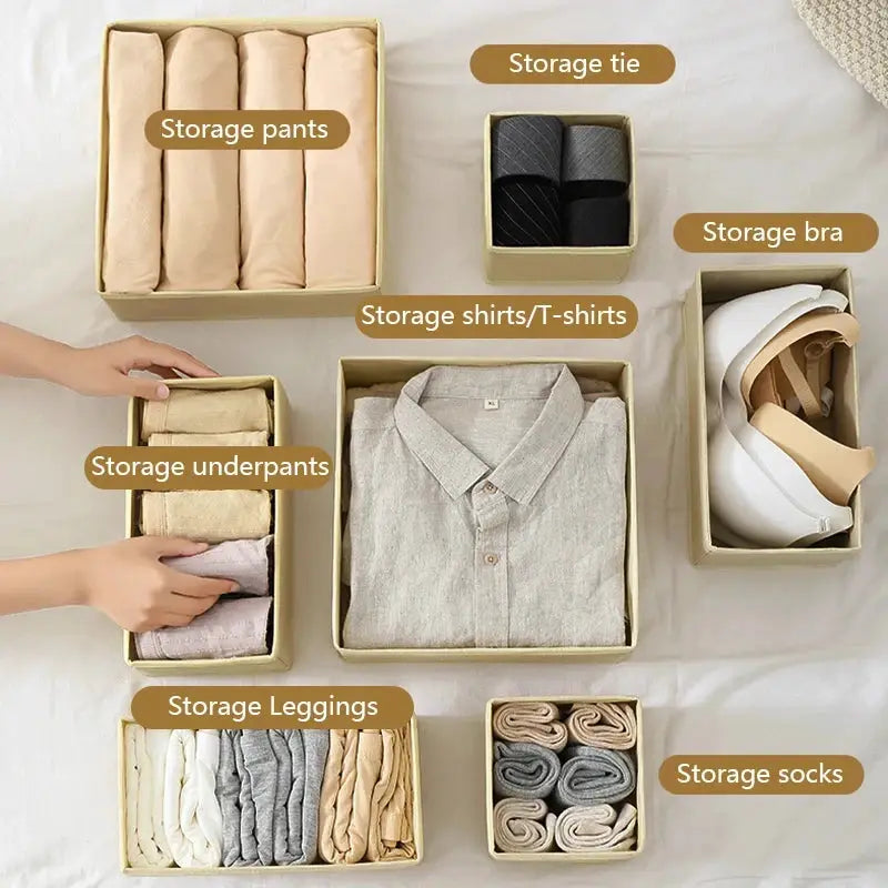 Foldable storage drawer organizers set by Simples Market; beige boxes organizing pants, shirts, underwear, socks, bras, leggings.
