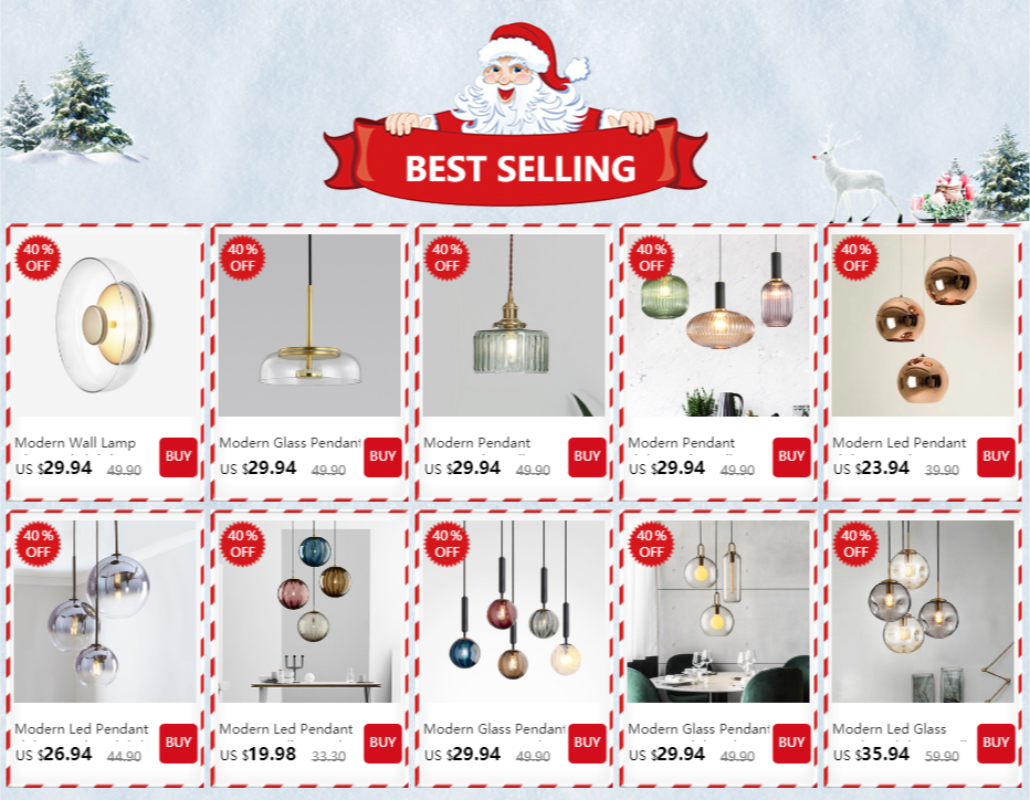 Modern LED pendant lights; set of ten with glass ball shades and round gold suspensions.