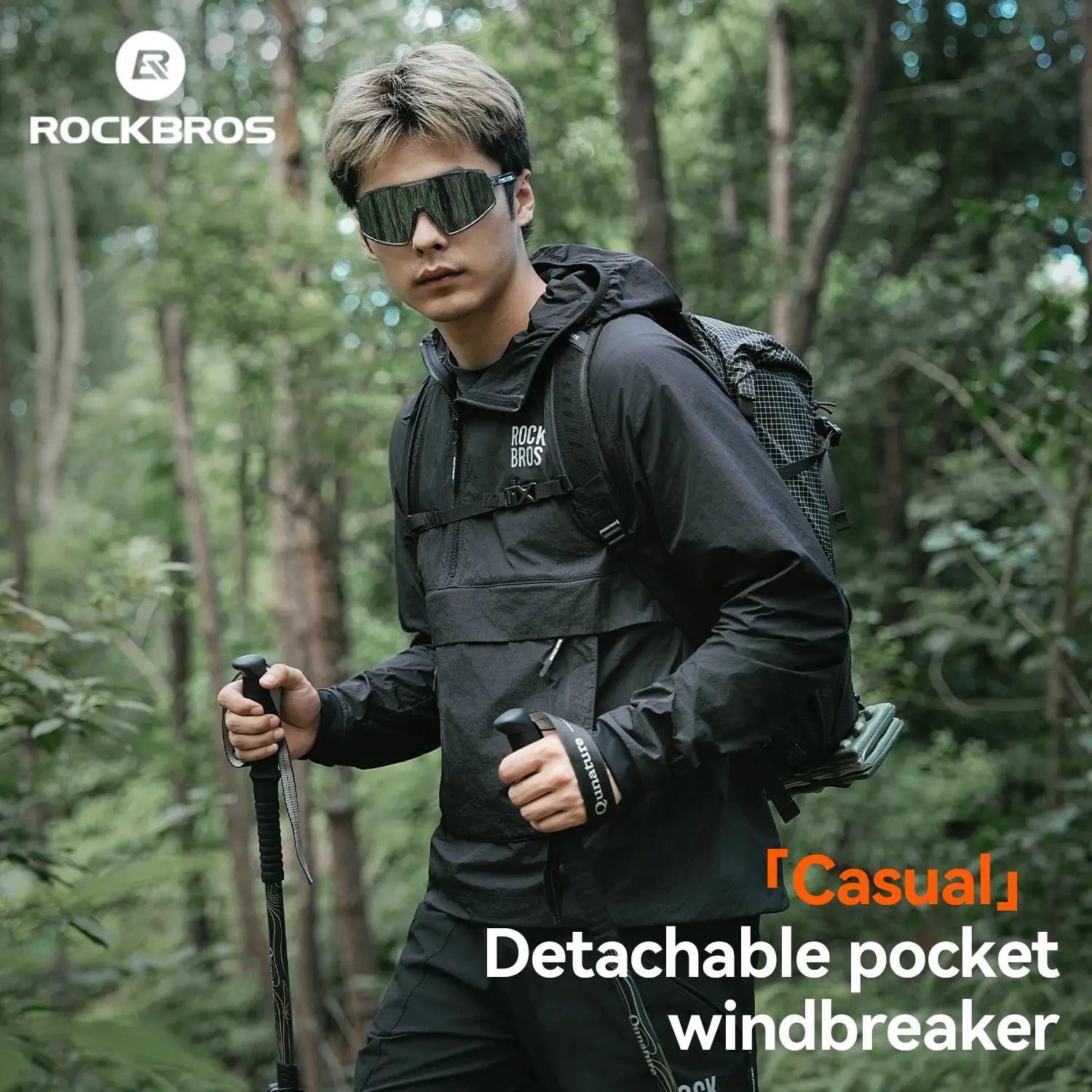RockBros cycling waterproof jacket, black windbreaker with detachable pocket for breathable outdoor wear
