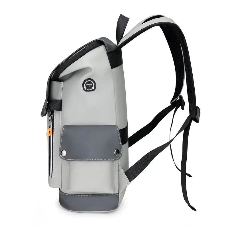 Simples Market USB charging urban backpack; light gray waterproof rucksack with front pocket.