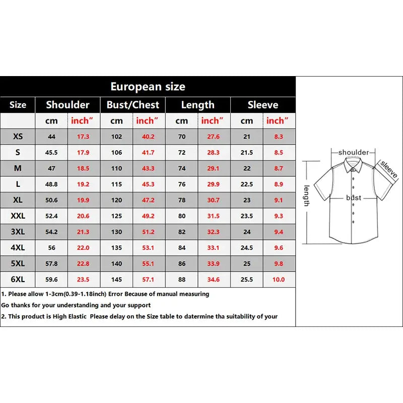 3D print graphic Hawaiian shirt size chart with European measurements and shirt diagram