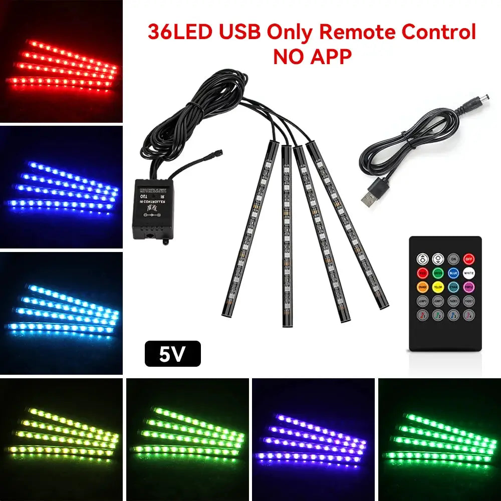 Neon 36 48 72 LED Car Interior Ambient Foot Light Kit RGB With Remote App And Music Sync Control