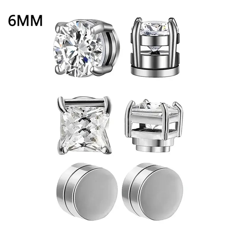 Crystal Magnetic Ear Stud Clip Earrings For Men And Women Unisex Non Piercing Punk Round Zircon Stainless Steel