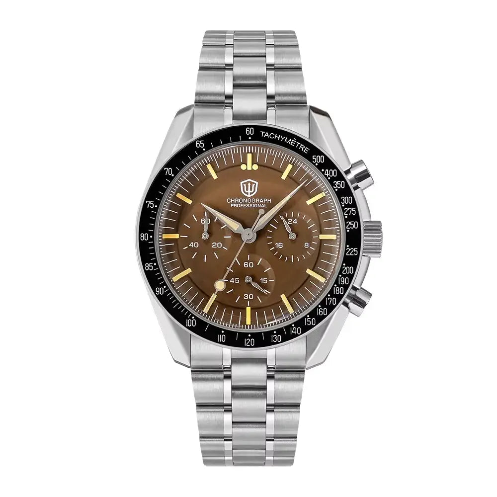 Chronograph Professional men's quartz watch with stainless steel bracelet, brown dial and tachymeter bezel
