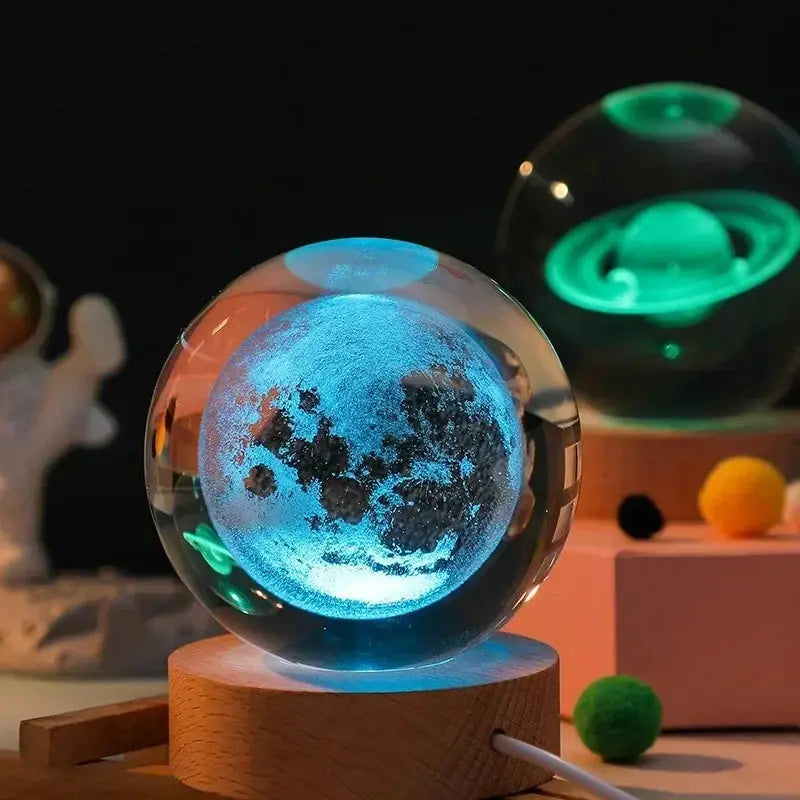 3D crystal ball night light lamp with blue planet globe on wooden base