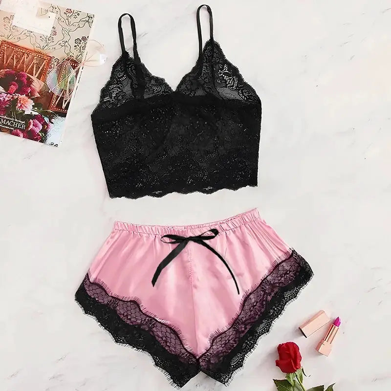 Brand 2025 Summer 2 Piece Lace See Through Pajama Set With Suspender Shorts Lightweight Breathable Polyester
