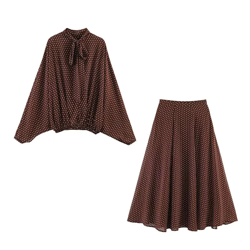 Polka Dot Two Piece Outfits For Women Bow Tie Blouse And Midi Skirt