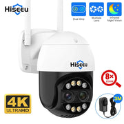 Hiseeu 4K 8MP dual-lens PTZ WiFi IP camera for outdoor use with 8x zoom and full-color night vision