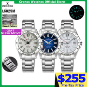 Cronos L6029M GMT NH34 automatic men's watch set with 3 birch-pattern dials on brushed stainless steel bracelets