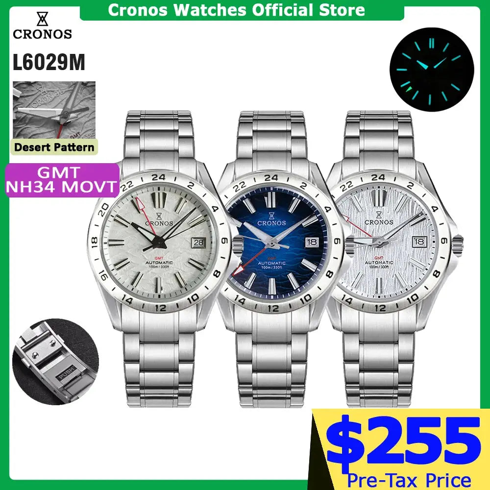 Cronos L6029M GMT NH34 automatic men's watch set with 3 birch-pattern dials on brushed stainless steel bracelets