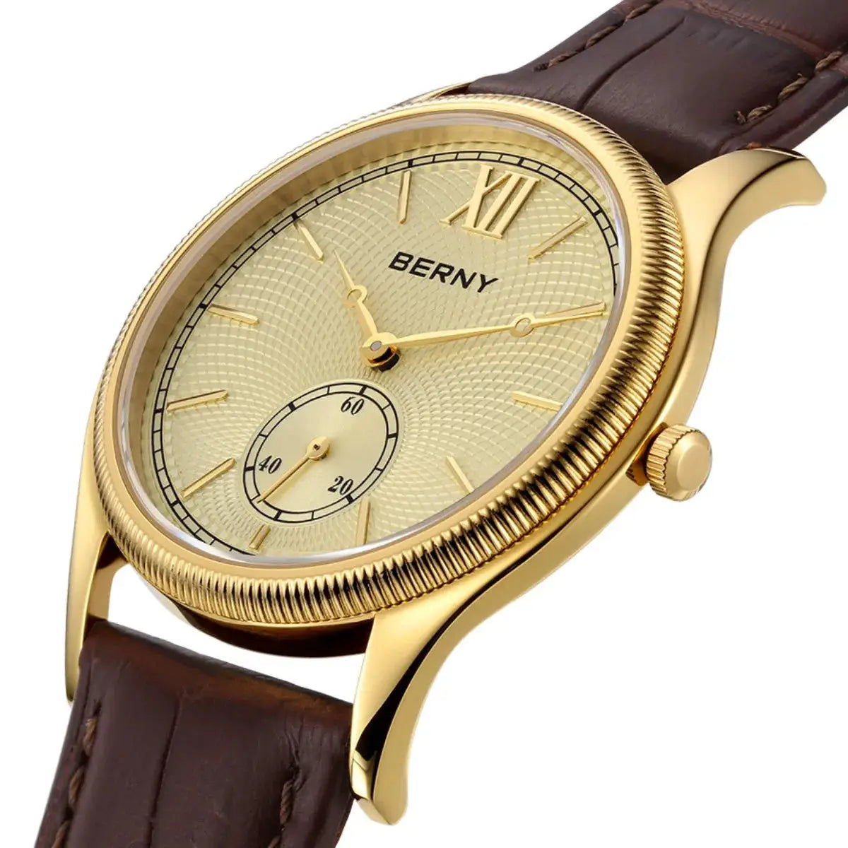 BERNY men's luxury dress watch, gold-tone case, textured gold dial, brown leather strap