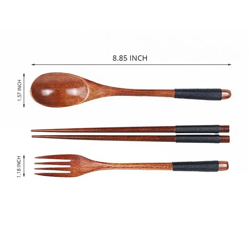 ZenWood Japanese Style Three Piece Wooden Cutlery Set With Chopsticks Fork Spoon Hygienic Safe Easy To Use