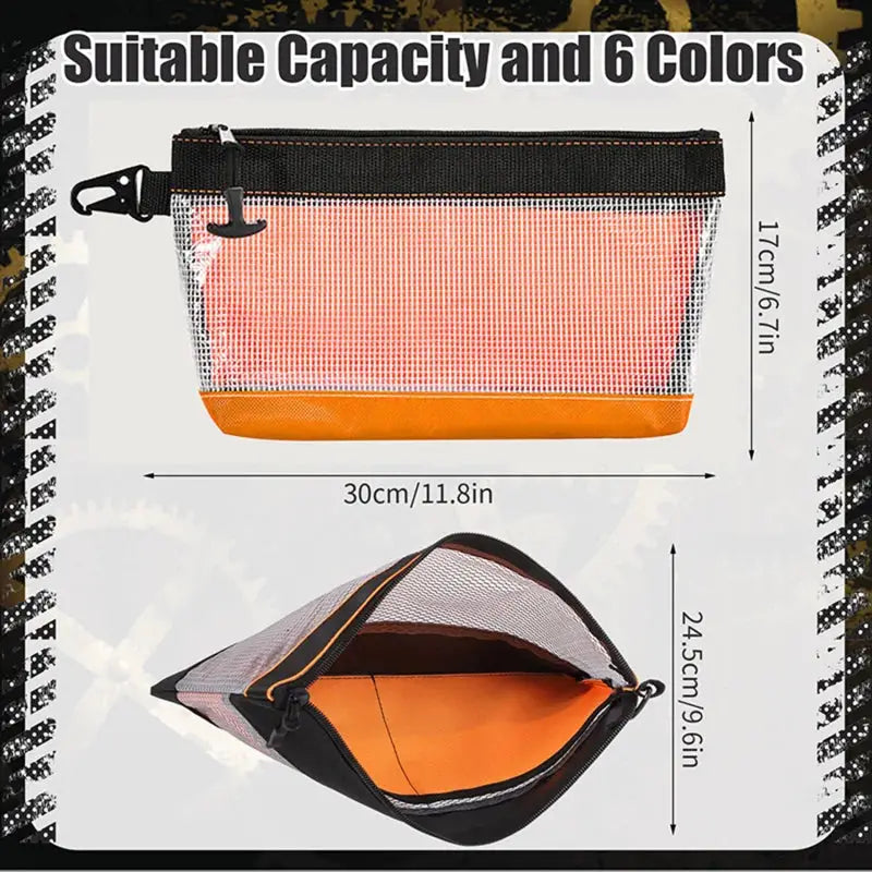 Transparent waterproof PVC organizer pouch by Simples Market with orange base and zipper top for hardware tools