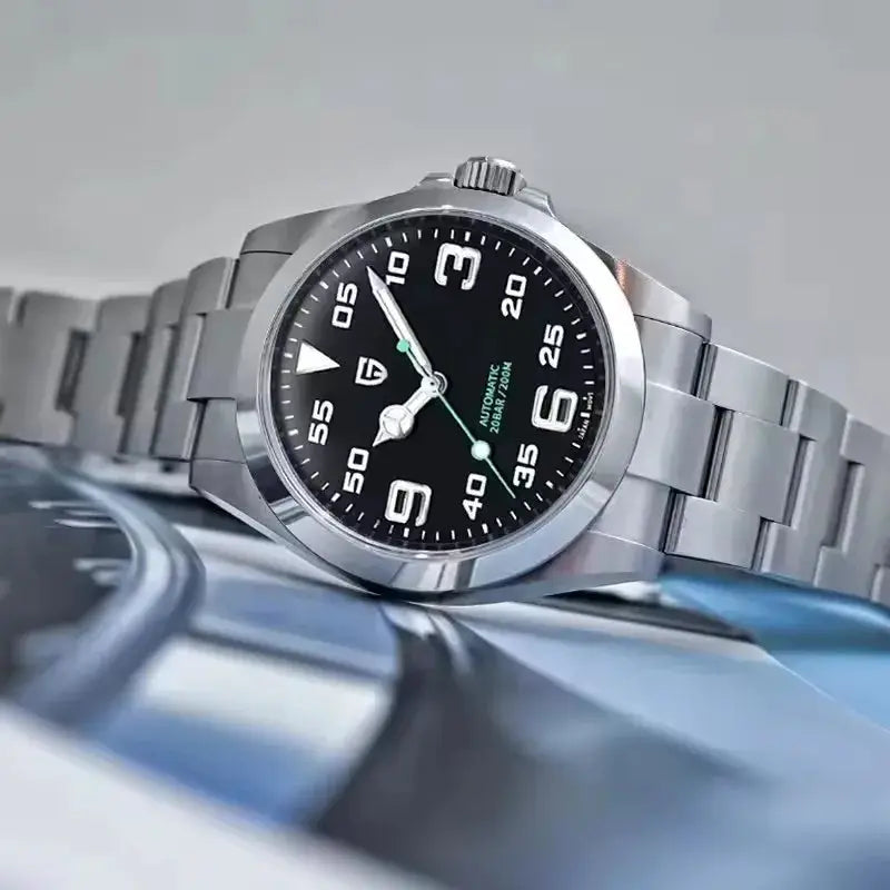 PAGANI DESIGN V3 automatic men's watch with stainless steel bracelet and black dial.