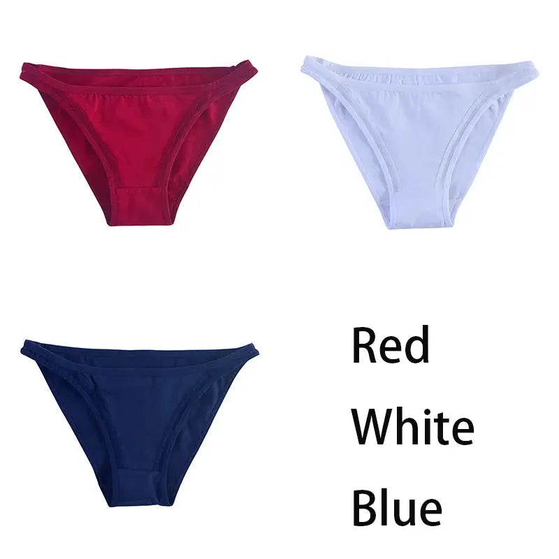 3-pack women's cotton bikini panties in red, white, and blue