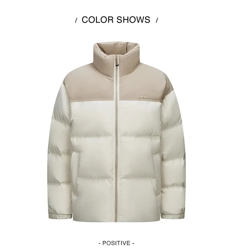 Semir down jacket in beige and cream two-tone color block, puffer with front zipper and high collar by Simples Market