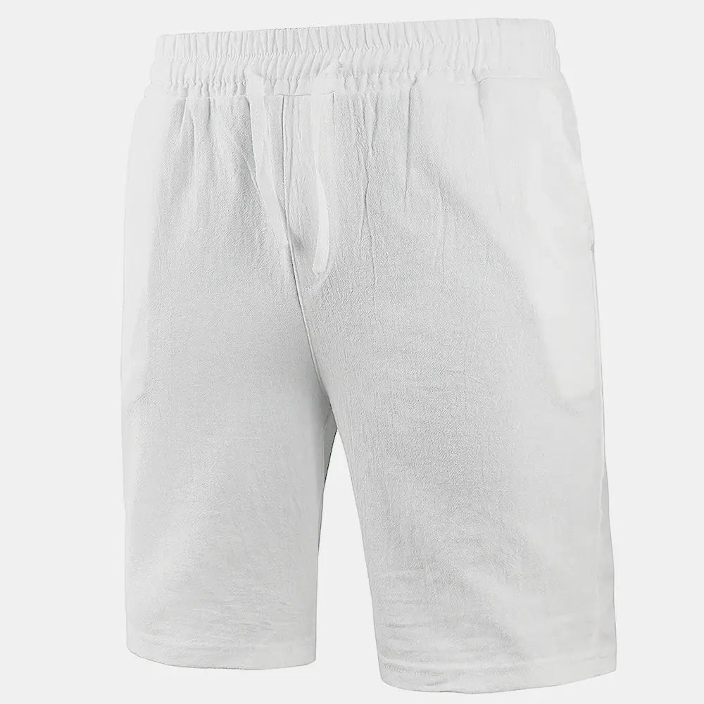 Men's white cotton-linen shorts with elastic waistband and side pockets