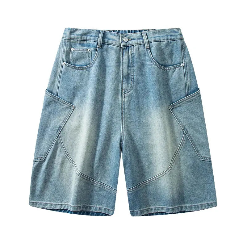 Baggy denim shorts with cargo pockets, light vintage wash, men's streetwear