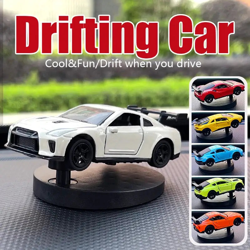 Drift car dashboard toy model on display stand, white with black wheels; 6 color variants shown.