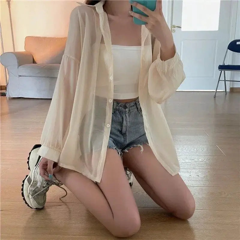 Xpqbb women's white chiffon shirt blouse, sheer, long sleeves, loose fit, single-breasted