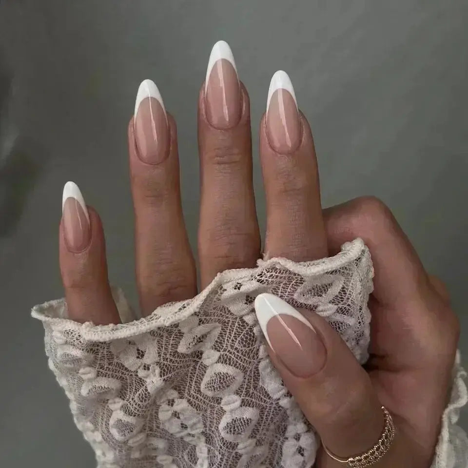 Glamora French Almond False Nails 24 Piece Press On Stiletto Tips With White Edge Design Glue Included For Wearable Glam